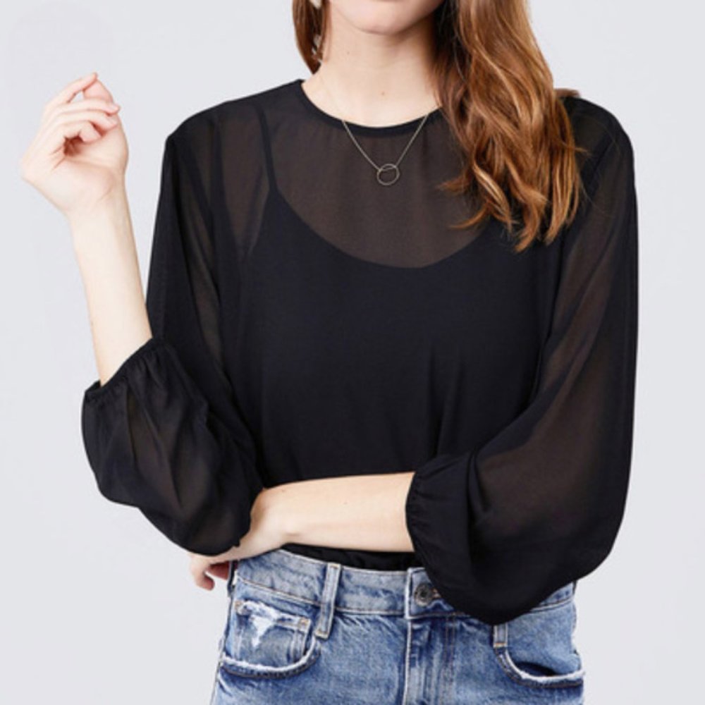 NWT- Women's Long Sleeve Open Back Bodysuit with Round Neck, Black